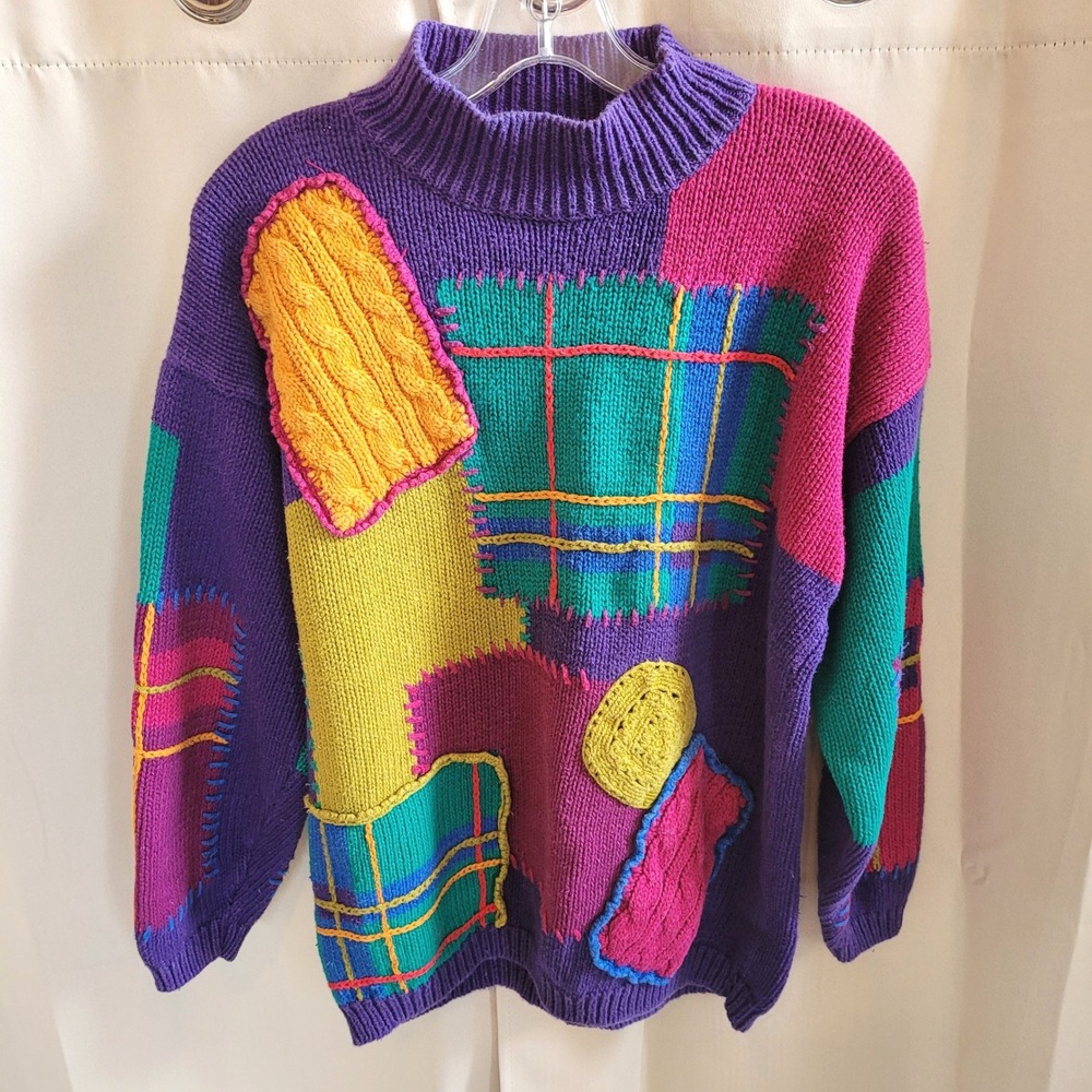 Vtg Rebecca Stone Womens Patchwork Sweater Medium 90s Colorblock 3D Retro 21809